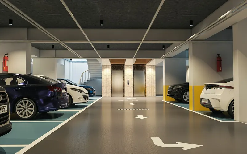 Garagem no subsolo de um condomínio