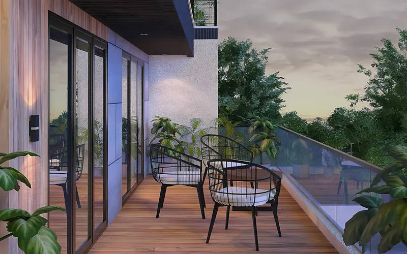 Varanda de apartamento com piso de madeira